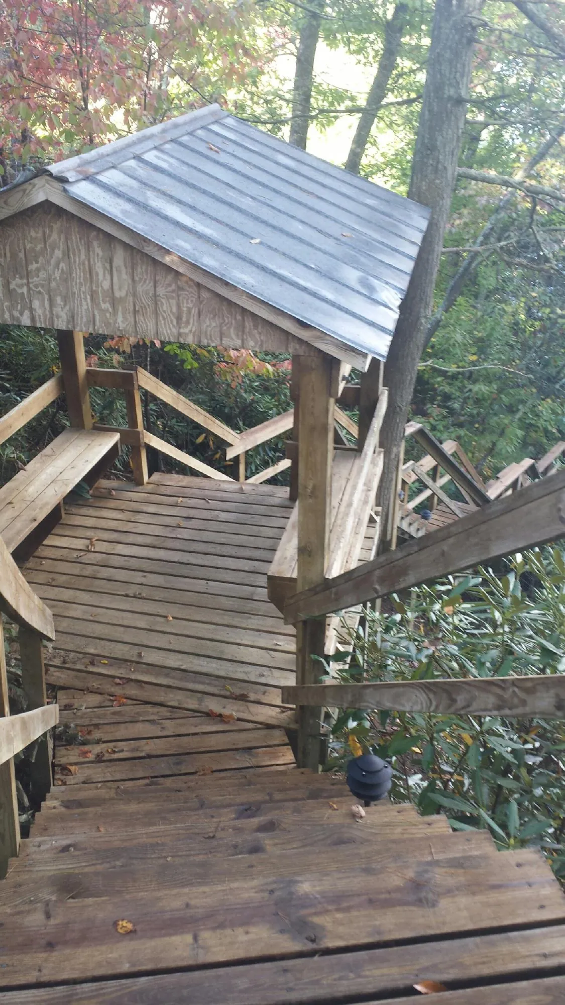 Metal roofed shelter over wooden steps on a wooded walkway — Skylight Repair & Installation work by our crew in Murray